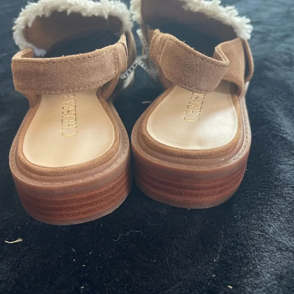 Chelsea & Violet tan suede sling‎ back mules, new without tags, size 7